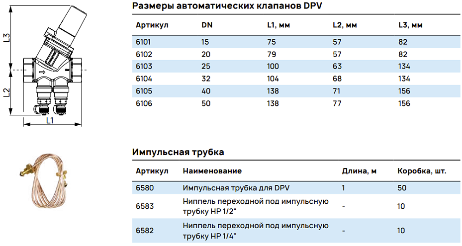 Размеры автоматических клапанов DPV